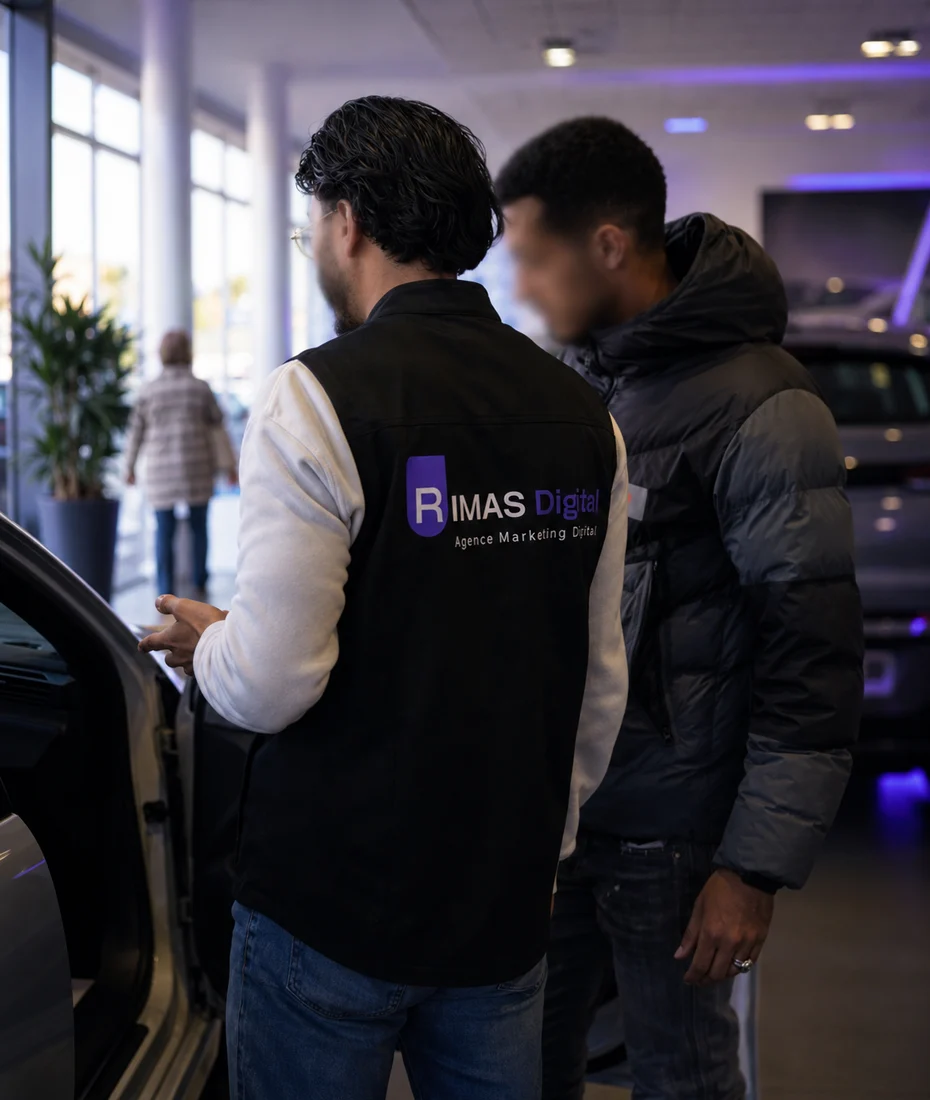 L’équipe RIMAS Digital avec un client en showroom automobile